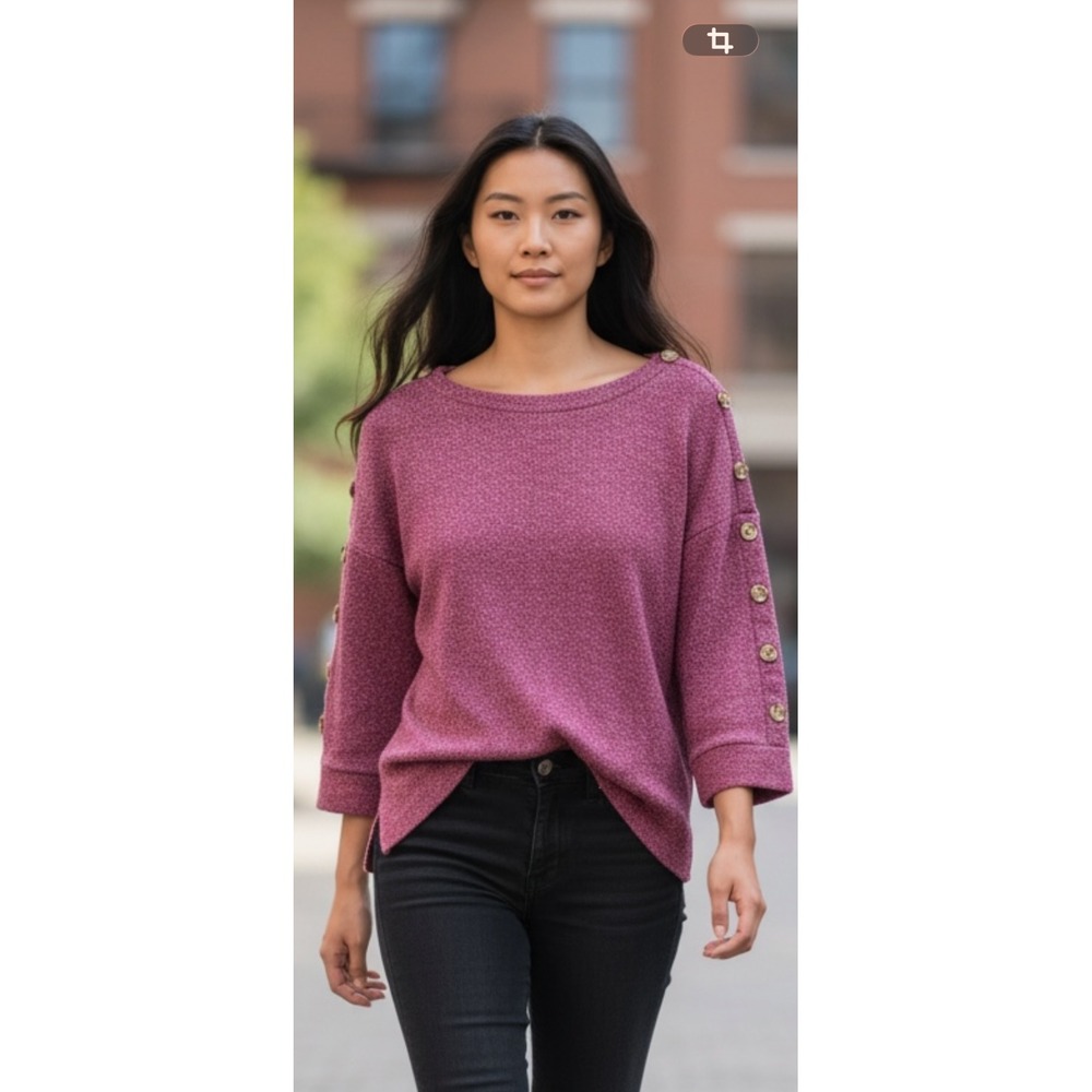 Retrology Womens Burgundy Textured Button Sleeve Pullover Sweater‎ XL
